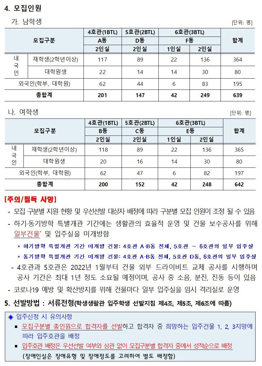 [학생생활관] 2022-1학기 입주학생(학부재학생, 대학원생, 외국인유학생 등) 모집 안내